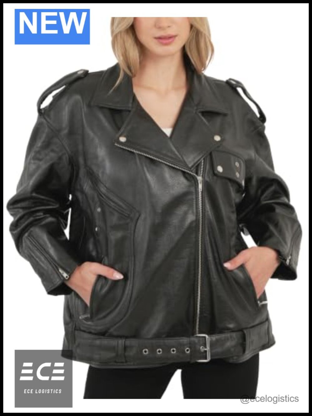 Oversized Lambskin Leather Moto Jacket Women's Biker Zip Belt